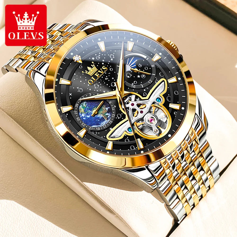 OLEVS 6705 Men's Luxury Starry Sky Dial Moon Phase – Luminous, Waterproof, Wristwatch