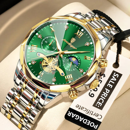 POEDAGAR 938 Diamond Mirror Chronograph, Original Quartz Men's Watch