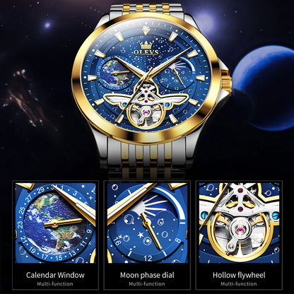 OLEVS 6705 Men's Luxury Starry Sky Dial Moon Phase – Luminous, Waterproof, Wristwatch