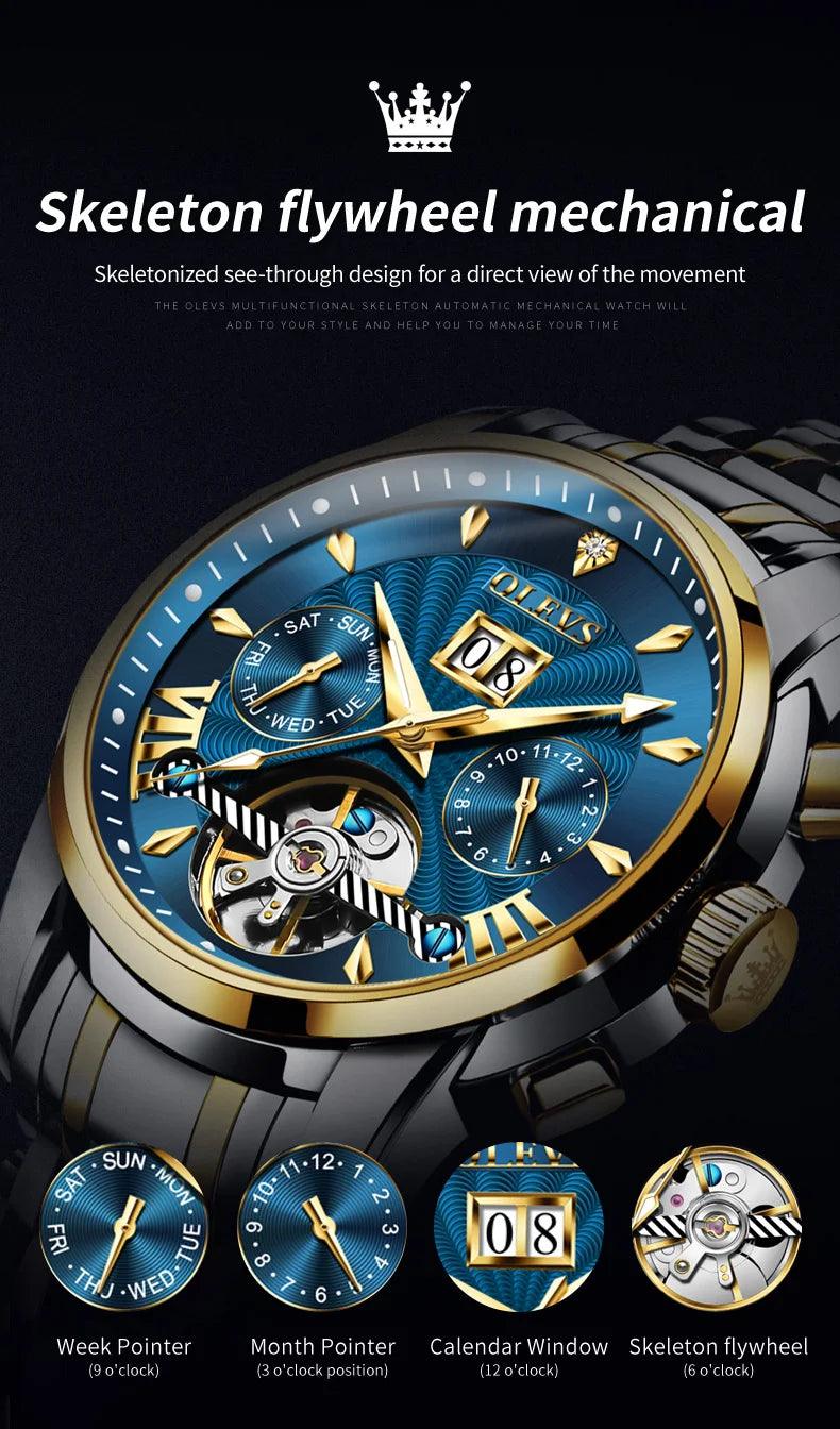 OLEVS 9965 Original Luxury Skeleton Flywheel Mechanical Wristwatch