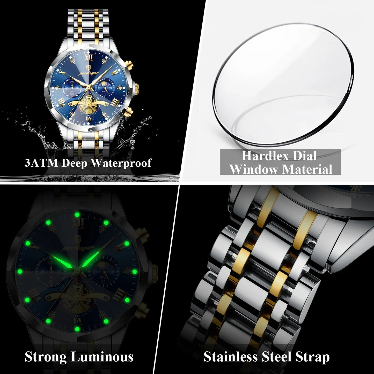 POEDAGAR 938 Diamond Mirror Chronograph, Original Quartz Men's Watch