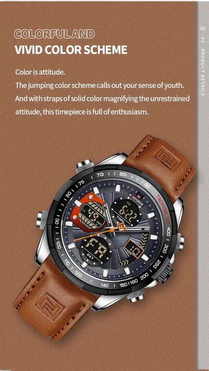NAVIFORCE 9197L Strong Luminous Dual Display Waterproof Quartz Genuine Leather Wristwatch