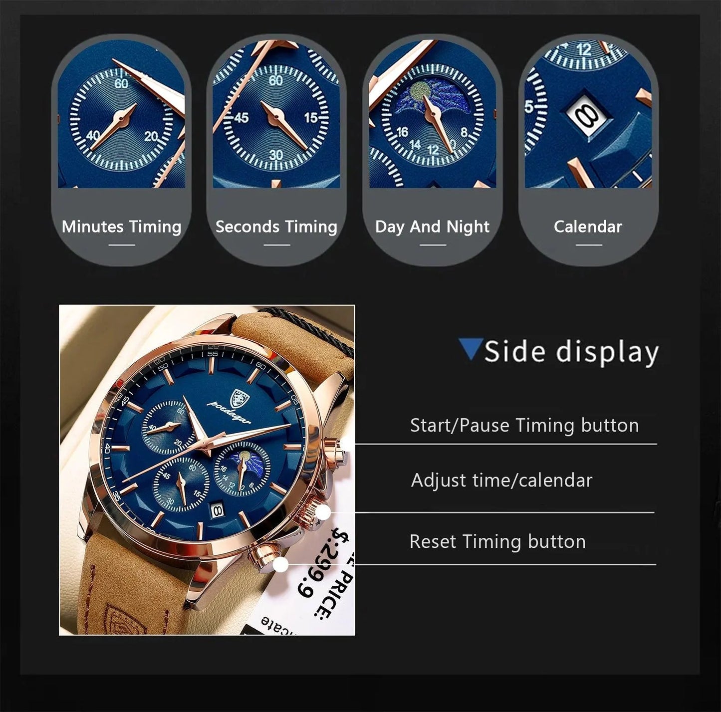 POEDAGAR 928 Leather Men Quartz Watch Luxury Chronograph