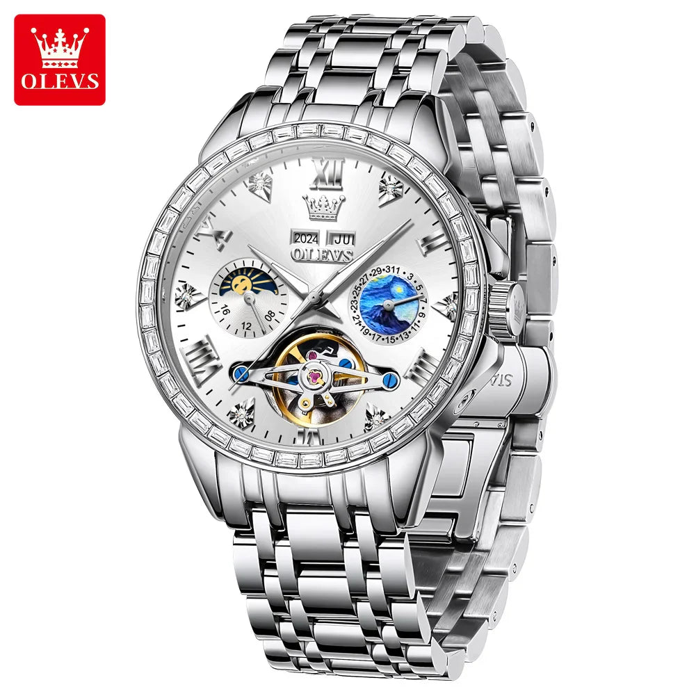 OLEVS 6712 Men's Skeleton Watch – Flywheel, Moon Phase, Waterproof, Diamond Bezel
