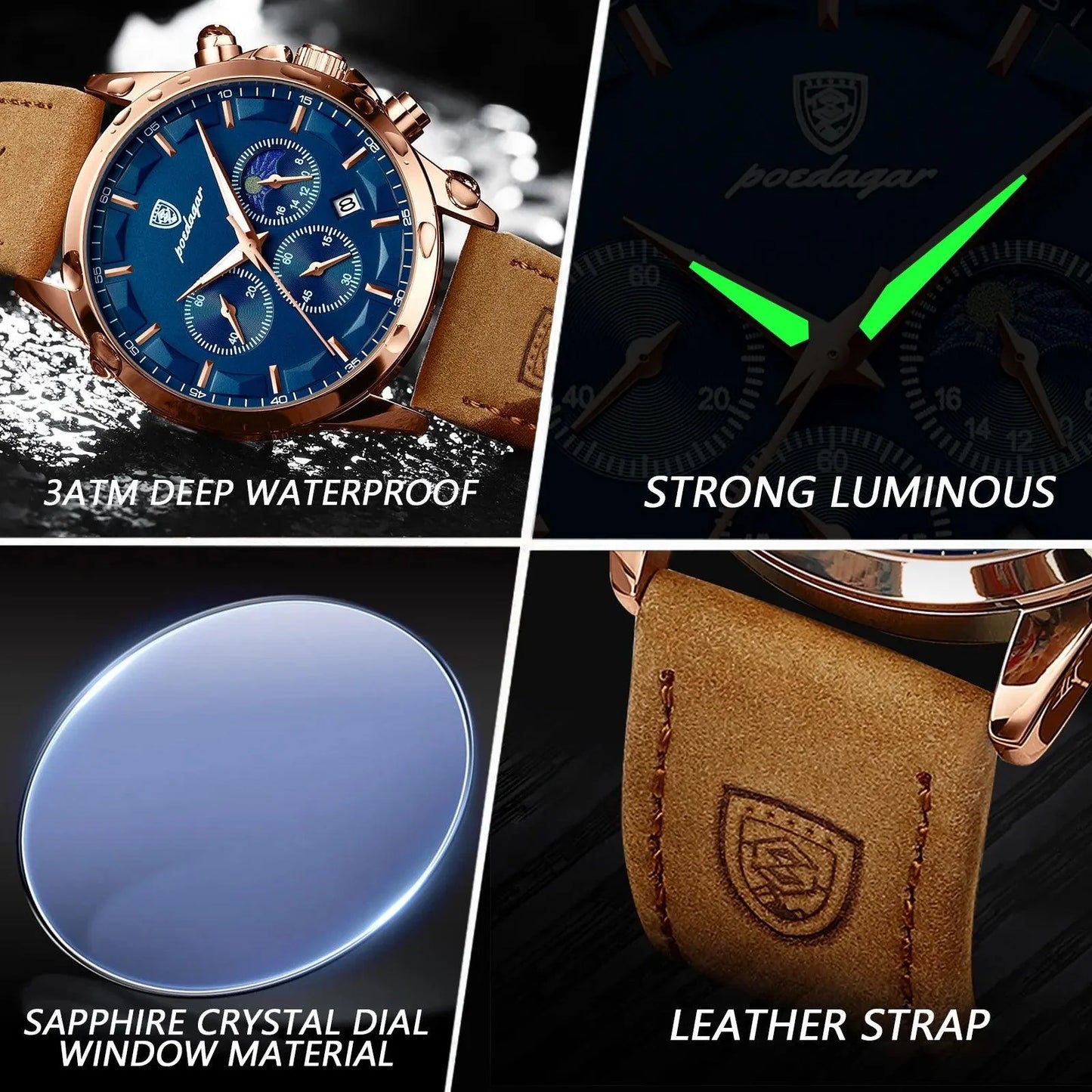 POEDAGAR 928 Leather Men Quartz Watch Luxury Chronograph