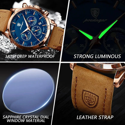 POEDAGAR 928 Leather Men Quartz Watch Luxury Chronograph