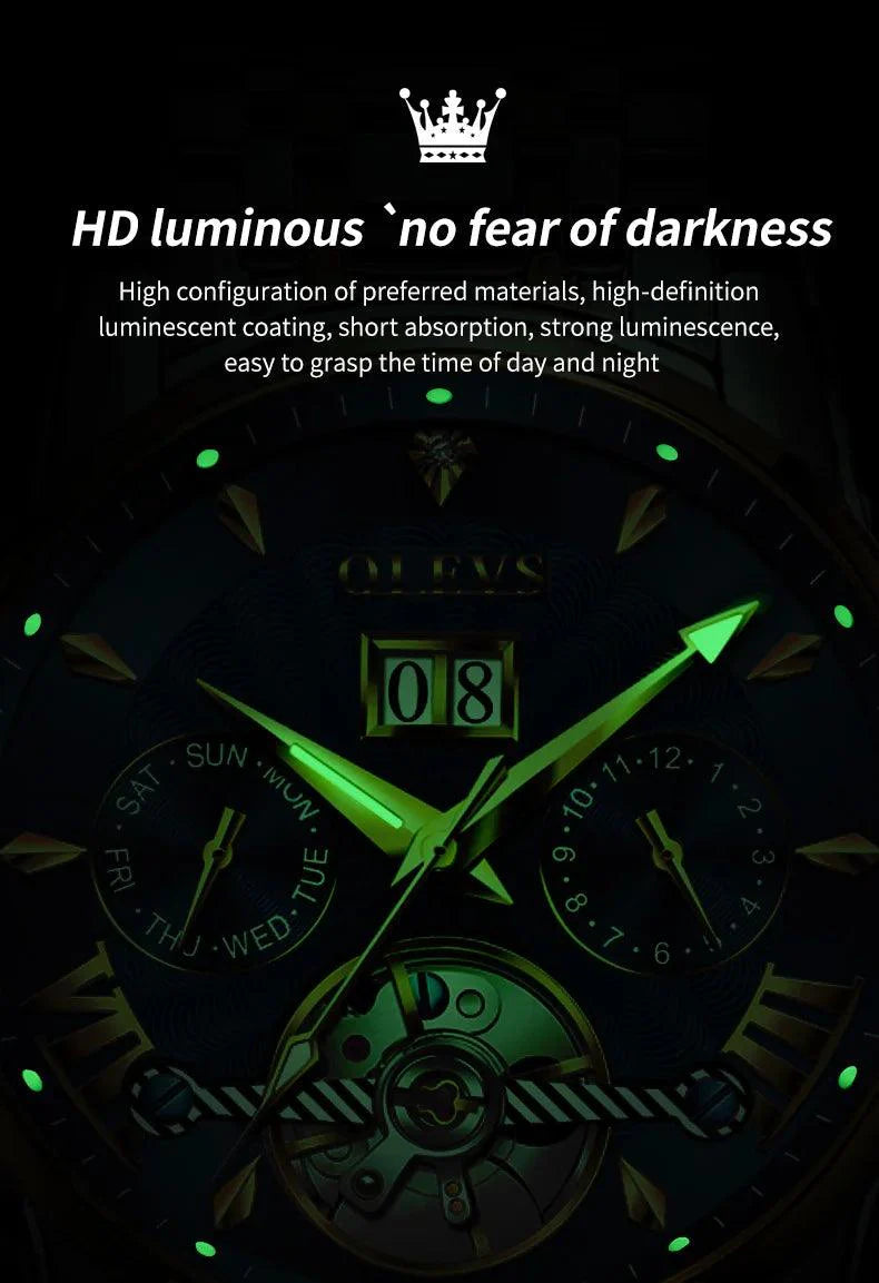 OLEVS 9965 Original Luxury Skeleton Flywheel Mechanical Wristwatch