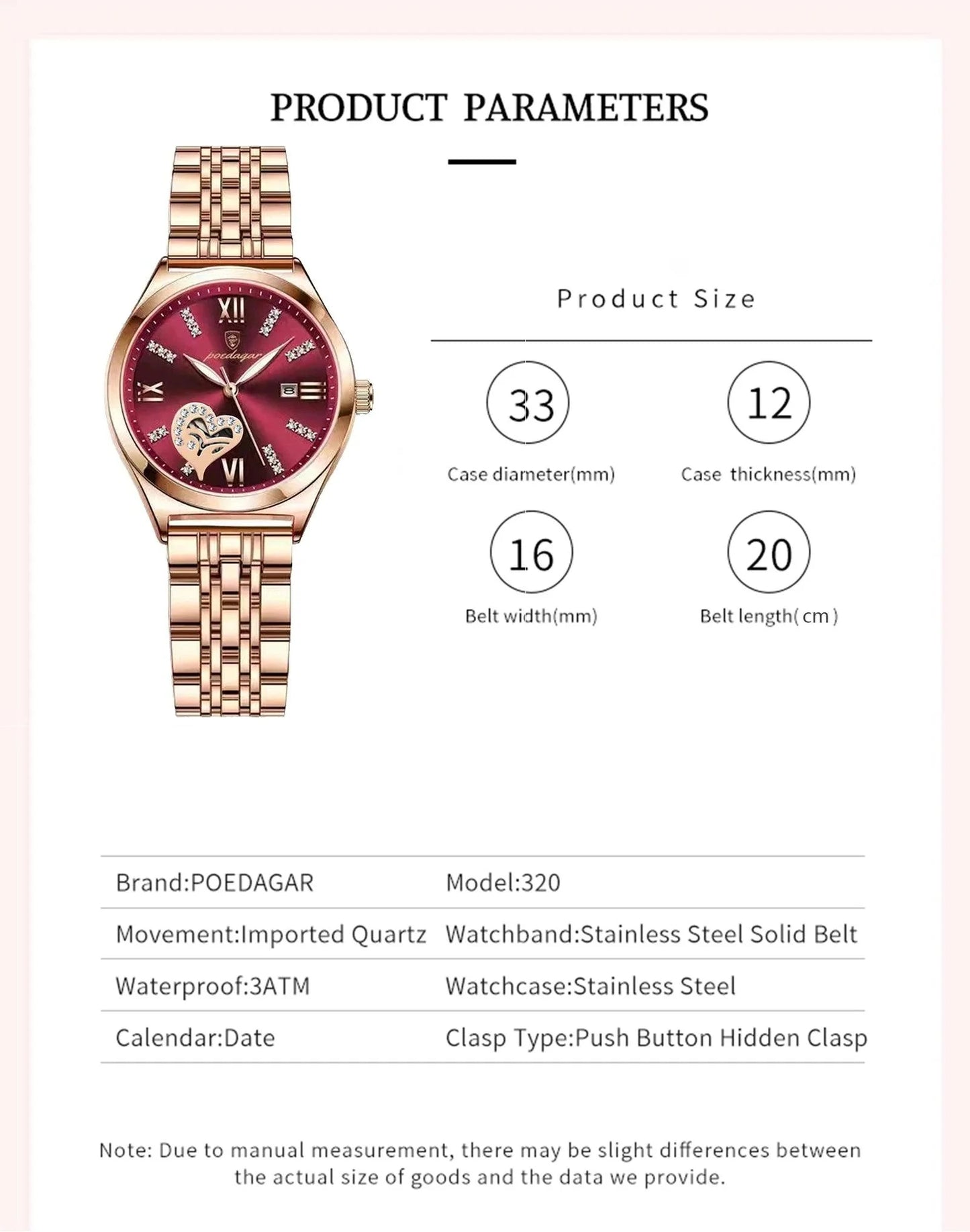 POEDAGAR 320 Luxury Luminous Date Stainless Steel Quartz Ladies Watch
