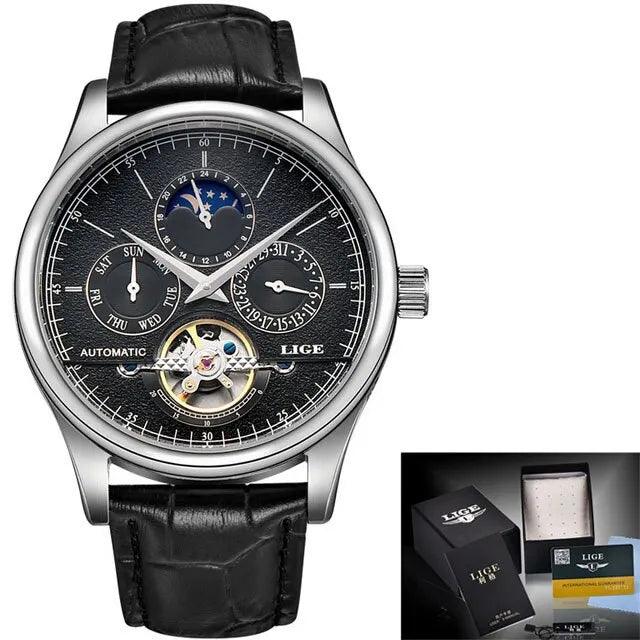 LIGE 6826 Automatic Tourbillon Watch Moohphase, Date and Day