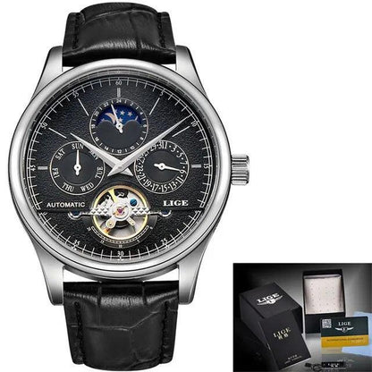 LIGE 6826 Automatic Tourbillon Watch Moohphase, Date and Day