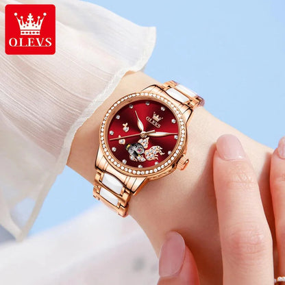 OLEVS 7001 Luxury Mechanical Watch for Women Ceramic Strap Waterproof Woman Wristwatch Original