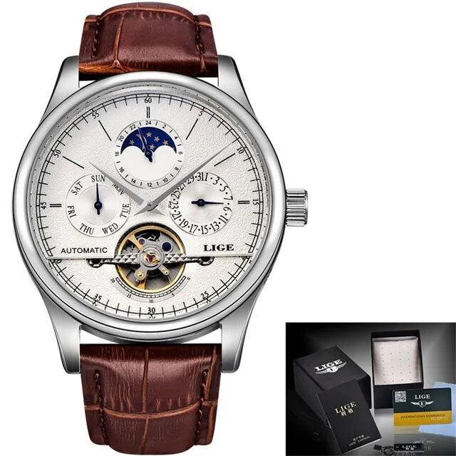 LIGE 6826 Automatic Tourbillon Watch Moohphase, Date and Day