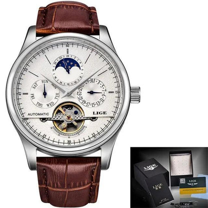 LIGE 6826 Automatic Tourbillon Watch Moohphase, Date and Day