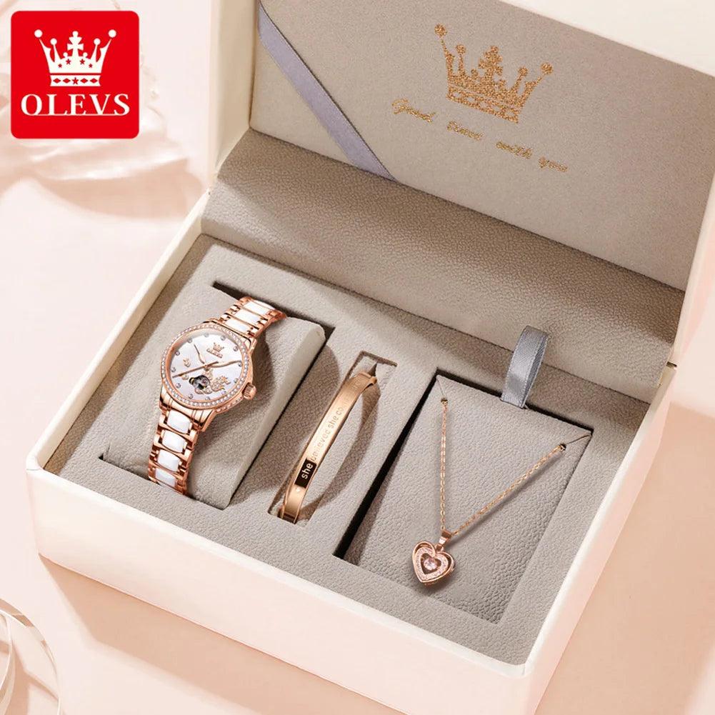 OLEVS 7001 Luxury Mechanical Watch for Women Ceramic Strap Waterproof Woman Wristwatch Original