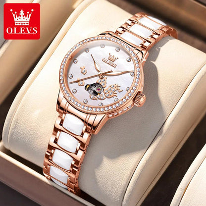 OLEVS 7001 Luxury Mechanical Watch for Women Ceramic Strap Waterproof Woman Wristwatch Original