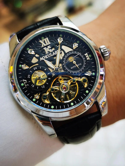 AOKULASIC 014 Skeleton, Moon Phase, Automatic Mechanical Watch Leather Strap