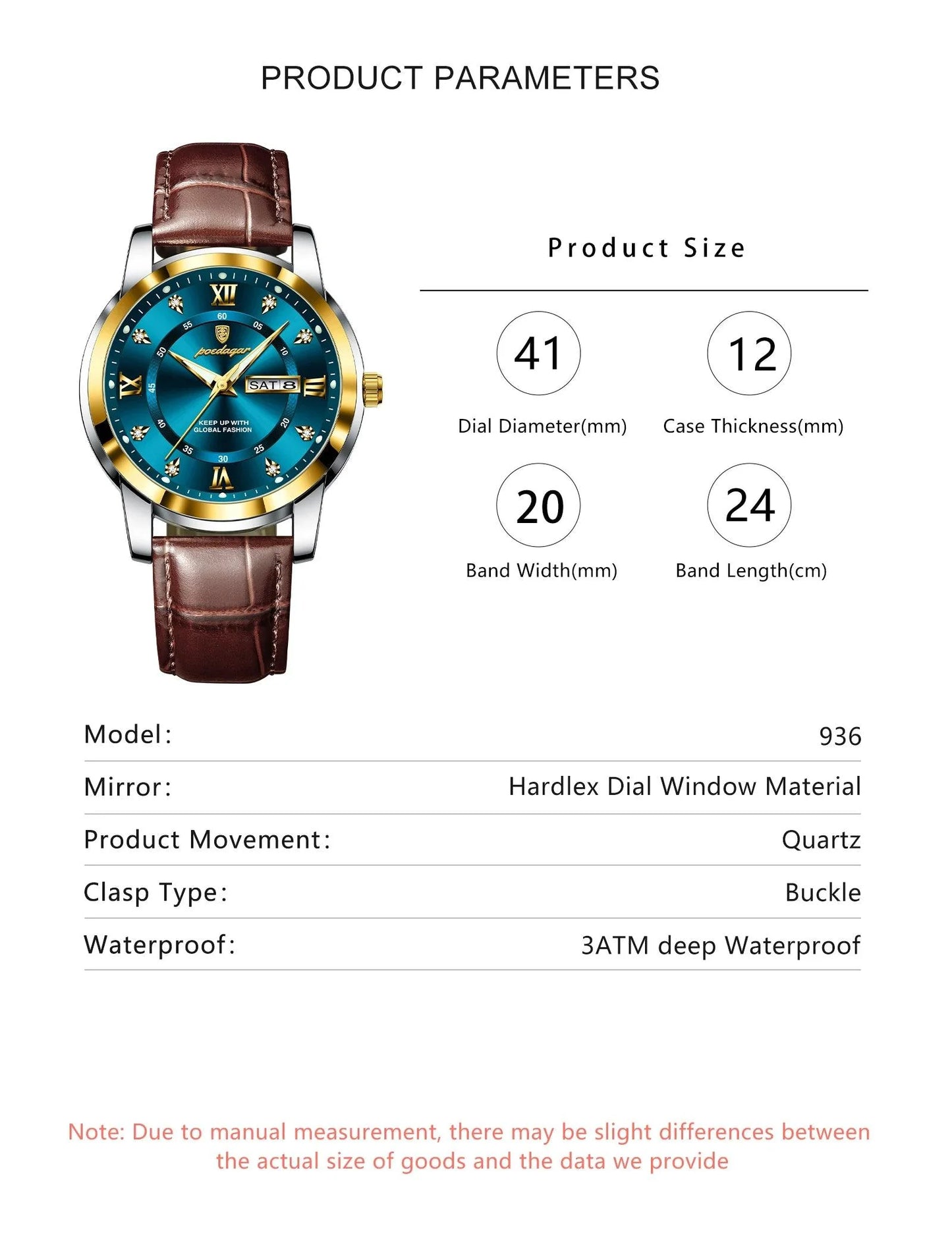 POEDAGAR 936L Luxury Man Wristwatch Waterproof, Luminous, Date & Week
