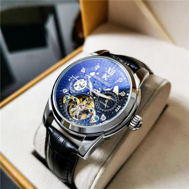 AOKULASIC 014 Skeleton, Moon Phase, Automatic Mechanical Watch Leather Strap
