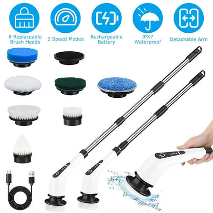 Electric Spin Scrubber – Cordless Cleaning Brush | 8 Replaceable Heads & Extendable Arm