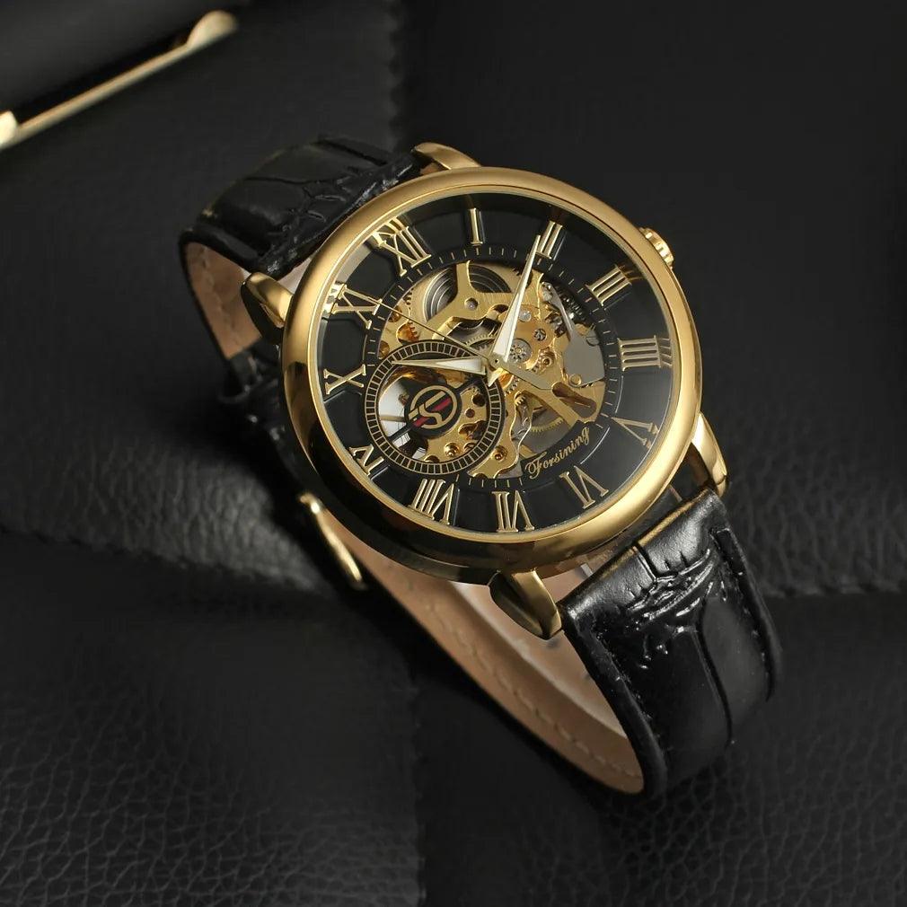 Forsining Skeleton Hollow Mechanical Watch for Men Leather Strap